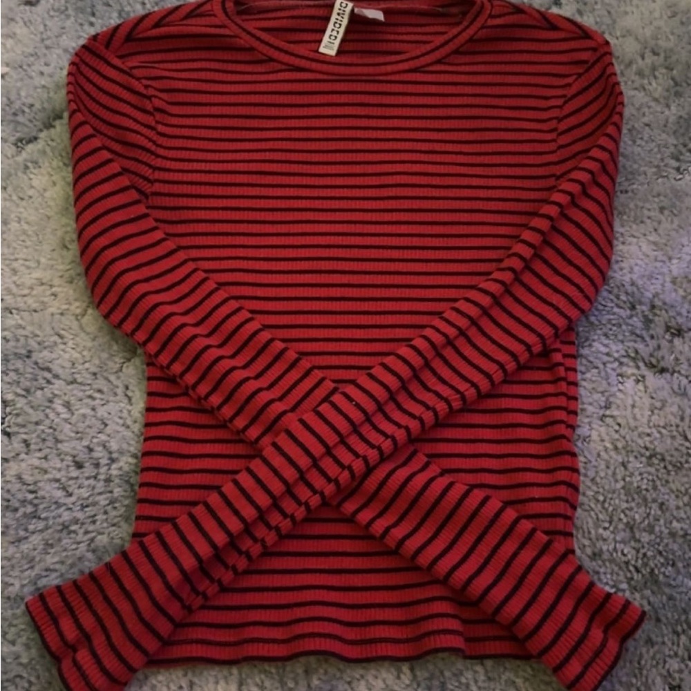 Divided cropped black and red striped long sleeve